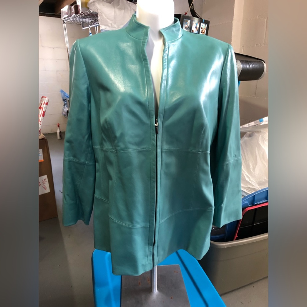 90’s vintage Aqua blue lamb skin leather jacket rare Lafayette 148 V neck soft